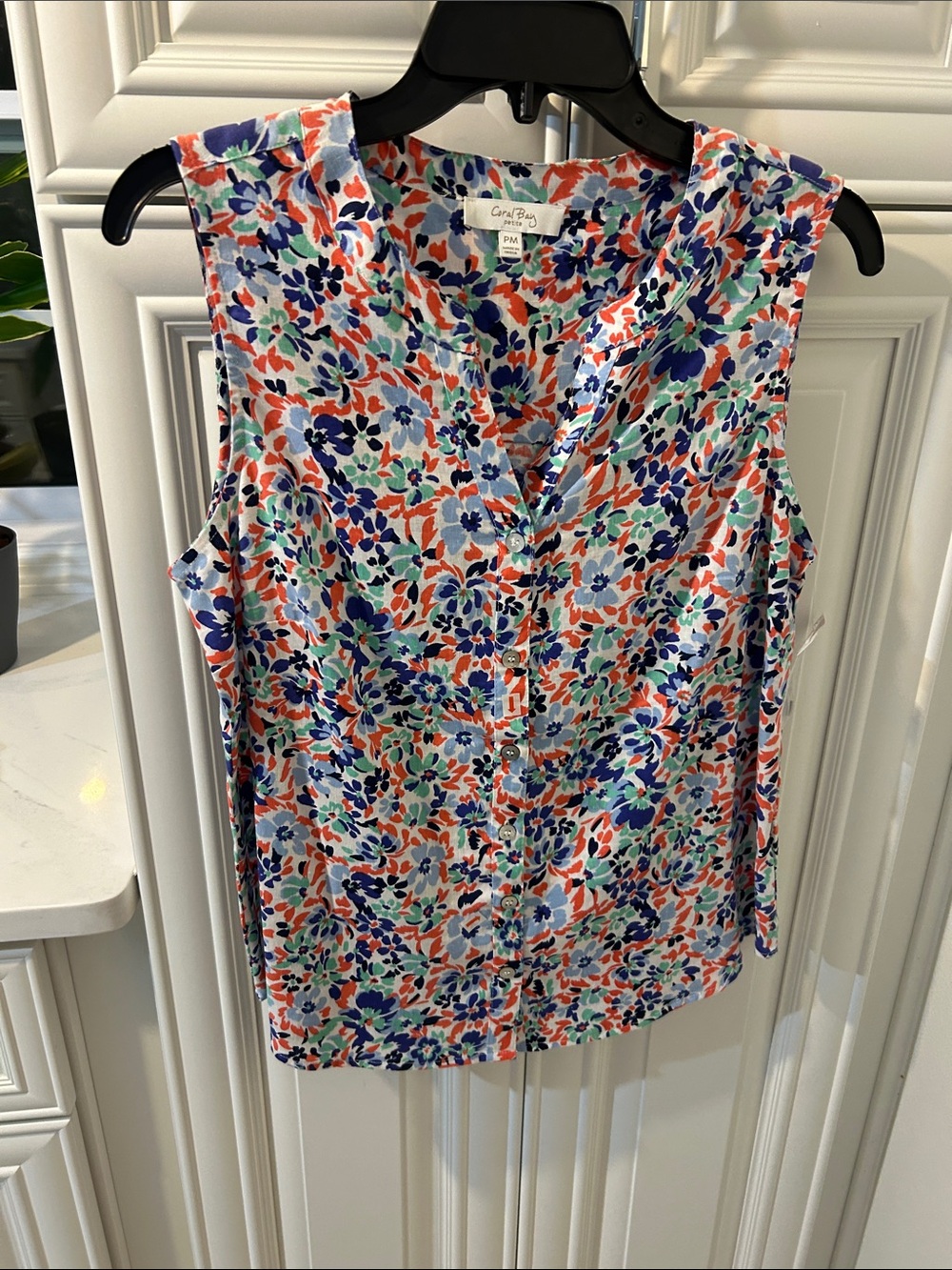Coral Bay Sleeveless Floral Button-Front Top in Navy, Coral & Mint